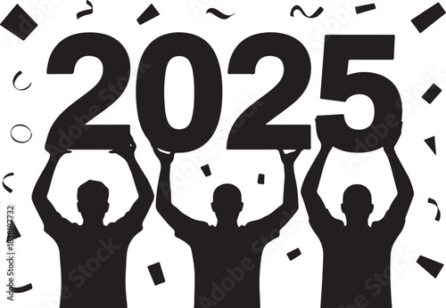 Three people holding up the numbers 2025 with confetti