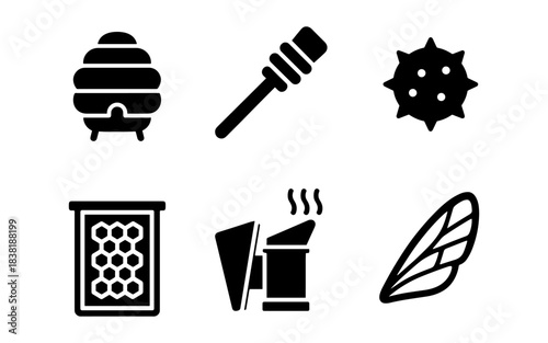 Bee-related icons in a simple, clean, and modern black and white style