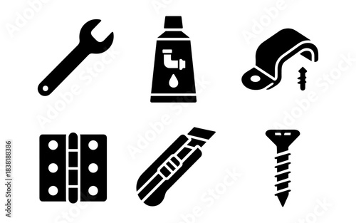 Black and white construction tools and hardware icons on white background