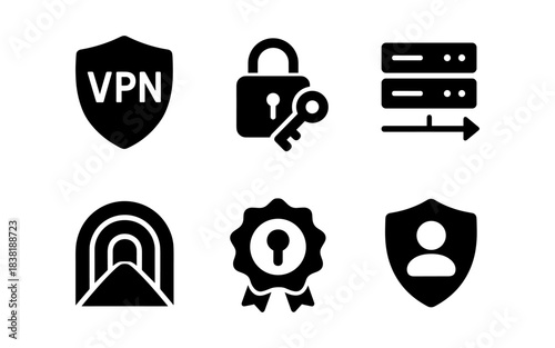 VPN, Security, and Data Protection Icons in a Clean, Minimalist Style