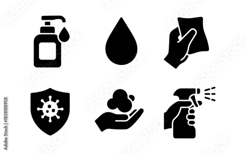 Hygiene and Protection Icons: Hand Sanitizer, Soap, and Disinfectant Spray