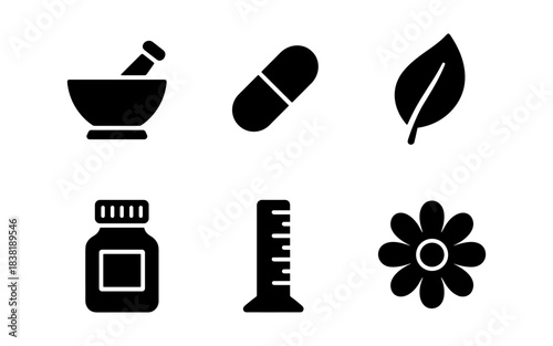 Black and white pharmacy icons for medicine, healthcare, and wellness