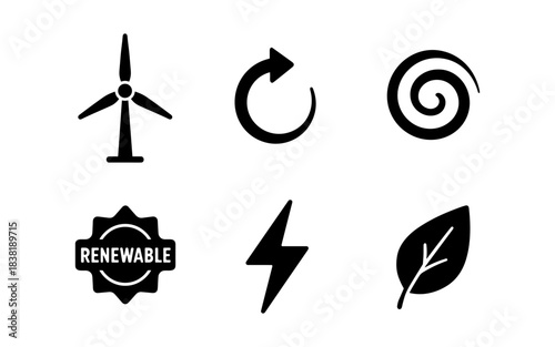 Renewable energy icons representing wind, solar, and sustainable resources