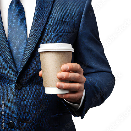 Businessman holding a disposable kraft paper coffee cup, close-up view