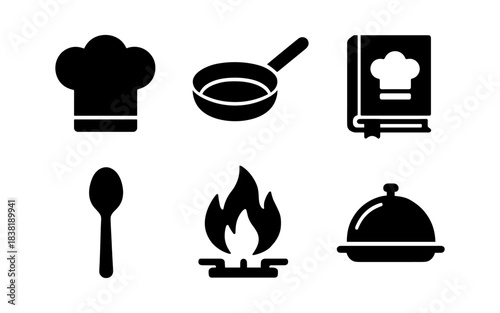 Cooking and food preparation icons in a minimalist black and white style