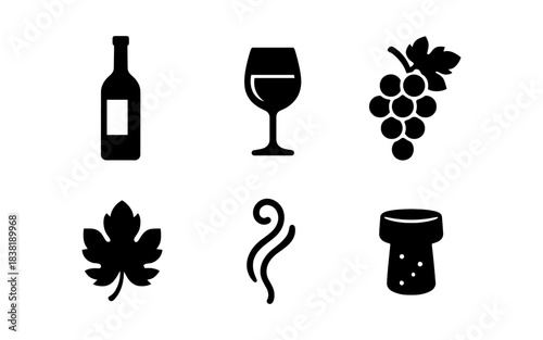 Wine icons: bottle, glass, grapes, leaf, aroma, and cork illustration