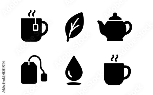 Black tea icons set with tea cup, leaf, teapot, and teabag
