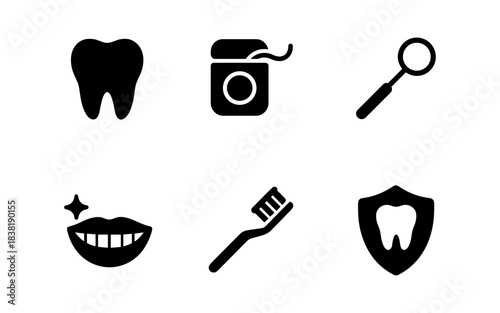 Dental care and hygiene icons in a simple, clean, black and white style
