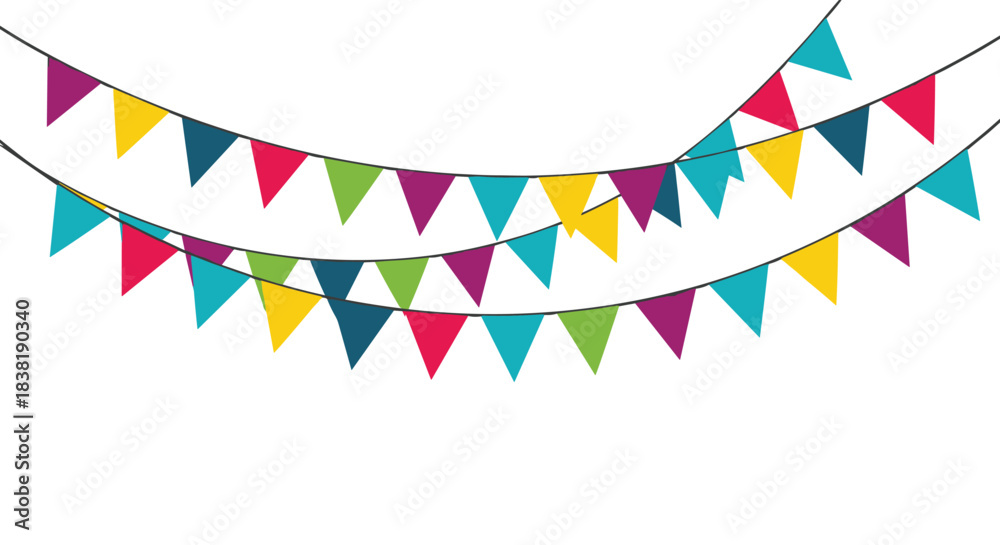 Obraz premium Brightly colored triangular flags hang on strings, forming festive party bunting against a clean white background, perfect for celebrations and events.