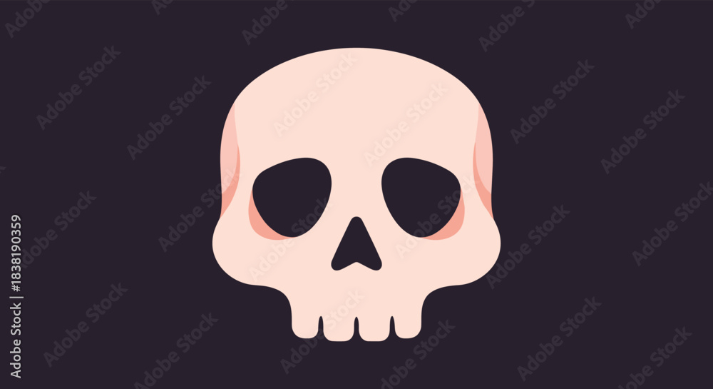 Fototapeta premium Stylized light pink human skull with prominent dark eye sockets and nose, centered on a dark purple-grey background.