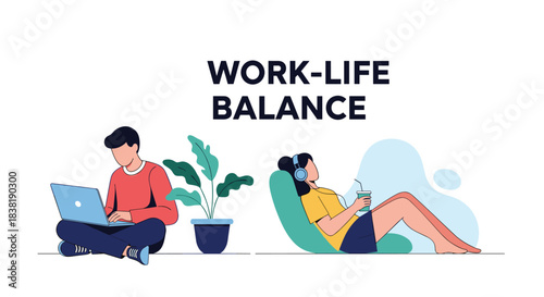 Illustration depicting the concept of work-life balance, showing a person actively working on a laptop while another relaxes with headphones and a drink.
