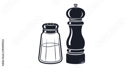 An iconic black and white illustration featuring a clear glass salt shaker and a dark pepper mill, representing common kitchen seasonings.