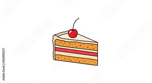 Cartoon illustration of a delicious slice of layered cake, featuring creamy frosting, a vibrant red fruit filling, and a cherry on top.