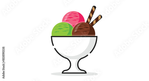 Three colorful scoops of ice cream, including strawberry, mint, and chocolate, served in a classic dessert glass with wafer sticks.