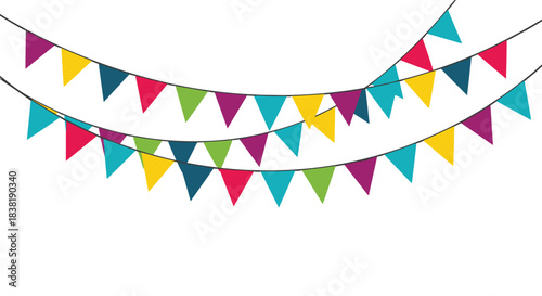 Brightly colored triangular flags hang on strings, forming festive party bunting against a clean white background, perfect for celebrations and events.