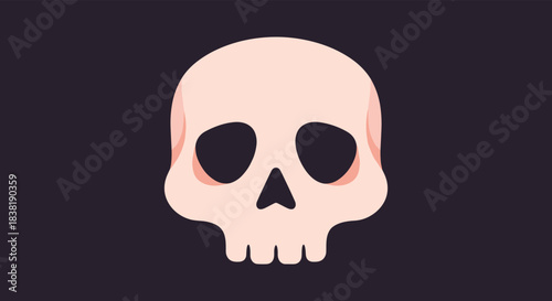 Stylized light pink human skull with prominent dark eye sockets and nose, centered on a dark purple-grey background.