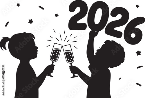 Two children toasting champagne glasses with 2026 numbers