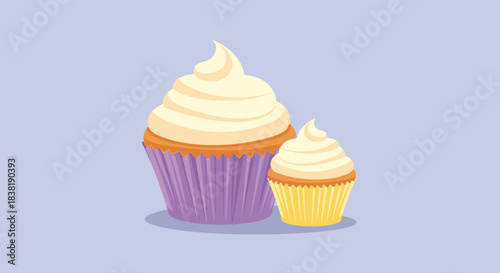 Two frosted cupcakes, a large one in a purple wrapper and a small one in a yellow wrapper, topped with creamy vanilla frosting, on a light blue background.