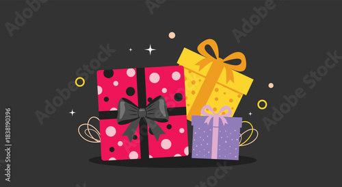 A colorful collection of festive gift boxes adorned with bows and decorative elements, set against a dark background, symbolizing celebration and surprise.