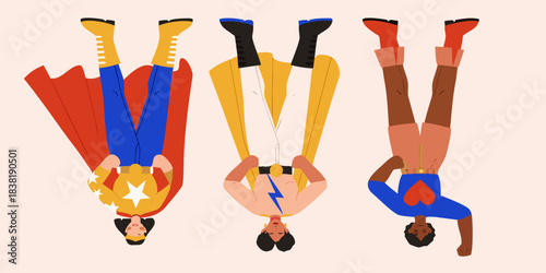 Illustrative depiction of diverse superheroes hanging upside down in a playful scene