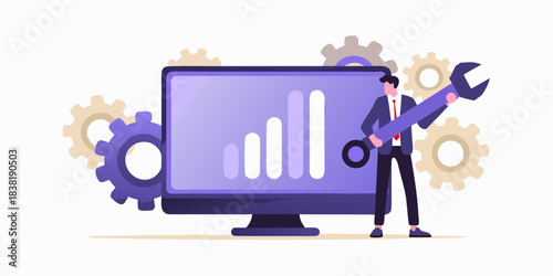 A businessman adjusting data analytics with gears and a wrench