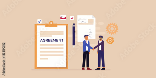 Business agreement handshake and paperwork representing successful partnership and collaboration