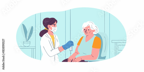 Healthcare professional administering a vaccine to an elderly woman indoors