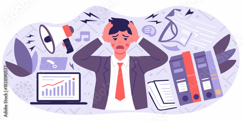 Overwhelmed man surrounded by work stress deadlines and information overload