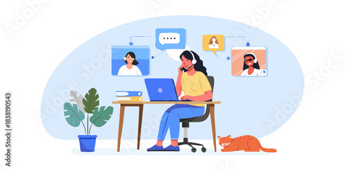 Woman participating in a virtual meeting while working from home