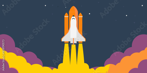 A flat design illustration of a space shuttle launching into the night sky
