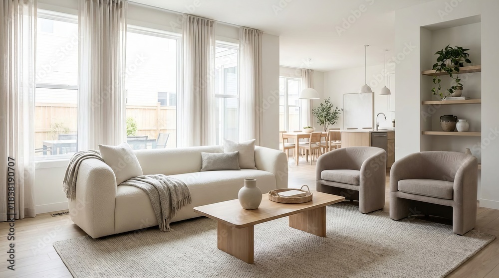Obraz premium Contemporary open-concept living room featuring clean lines, neutral tones, cozy seating, modern, inviting home atmosphere