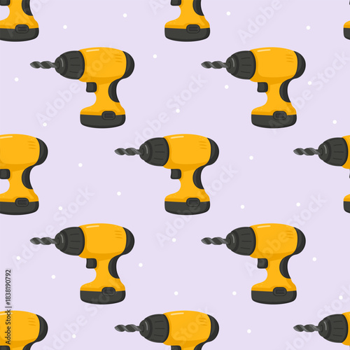 Yellow electric drills seamless pattern for construction and repair