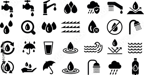 Collection of black silhouette icons representing water rain and conservation concepts