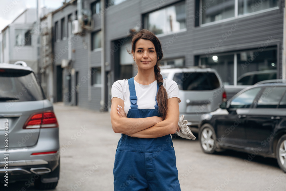 Fototapeta premium Woman mechanic is standing with arms crossed outdoors against cars and building
