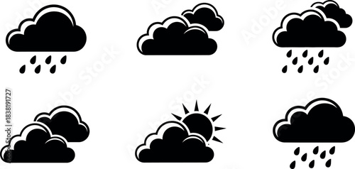 Set of black weather icons depicting clouds rain snow and sunshine