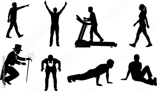 Silhouettes of people engaged in various fitness activities and exercise routines