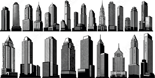 Detailed black and white skyline illustration of modern city architecture and skyscrapers