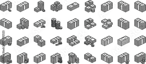 Isometric city buildings collection in black and white linear style for design projects