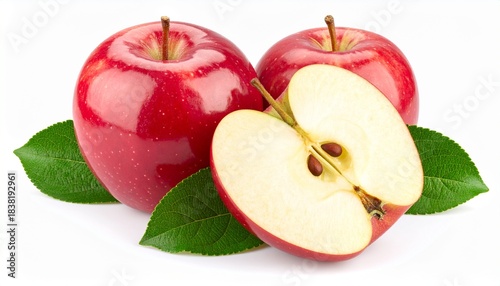 Crisp Red Apples: Freshly picked, luscious red apples, one halved to reveal the juicy interior and seeds, surrounded by vibrant green leaves, a tempting visual treat.