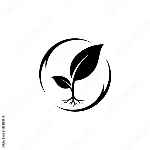 Black and white silhouette logo of a small green seedling with roots and leaves enclosed in a circular frame. isolated on transparent background
