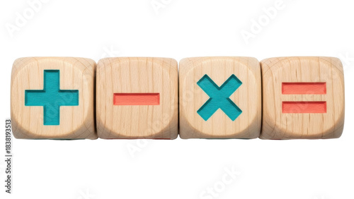 Bild auf Leinwand Isolated wooden blocks representing basic math signs plus, minus, multiply, and