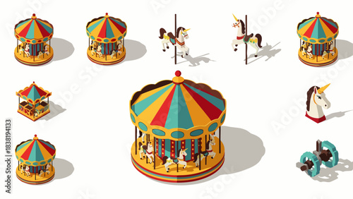 A vibrant collection of isometric carnival carousels and individual unicorn horses, perfect for amusement park and fairground designs.