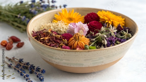 Dried flowers in a ceramic bowl.