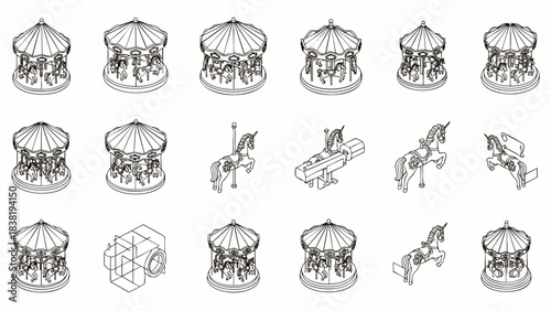 Collection of illustrative carousel horse and ride icons in a clean line art style on a white background.