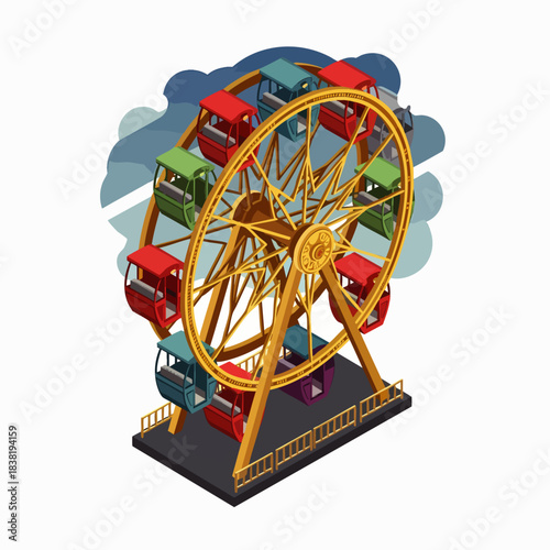 Colorful Ferris wheel attraction at an amusement park offers thrilling views of the surrounding landscape and sky.