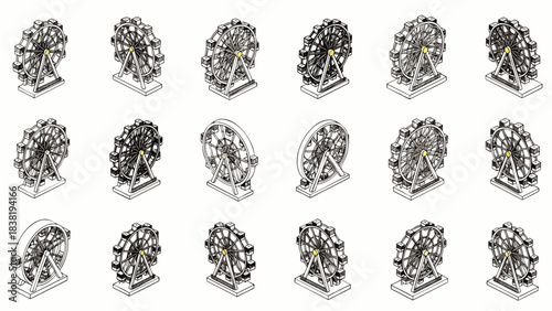 Collection of isometric Ferris wheel illustrations in various angles and perspectives, presented on a clean white background.
