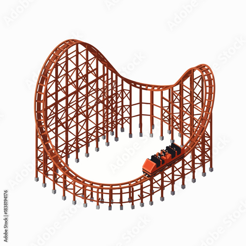 An exciting isometric illustration depicts a classic wooden roller coaster with a thrilling drop and a car full of riders, symbolizing fun and adventure.