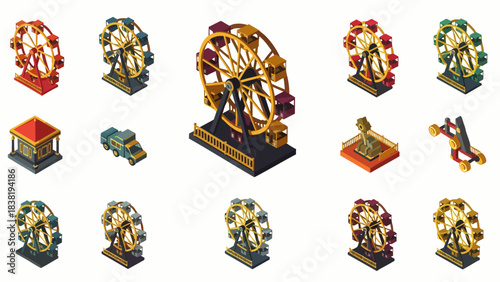 Collection of colorful isometric amusement park rides and attractions, including Ferris wheels and a ticket booth.