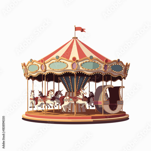 Whimsical vintage carousel with ornate horses and a regal carriage evokes childhood joy and festive amusement park fun.
