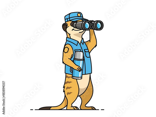 A cartoon meerkat dressed as a security guard, wearing a blue uniform and cap, holding binoculars and a thermos.